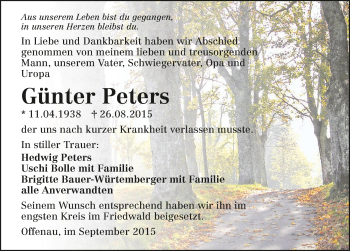 Traueranzeige von Günter Peters 