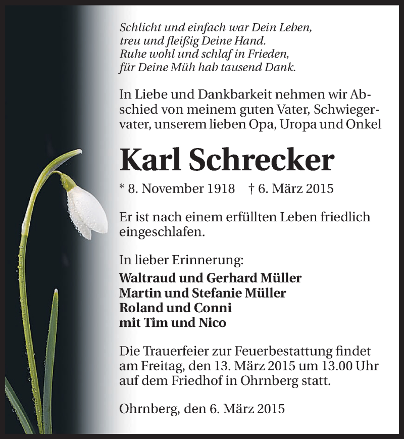  Traueranzeige für Karl Schrecker vom 11.03.2015 aus 