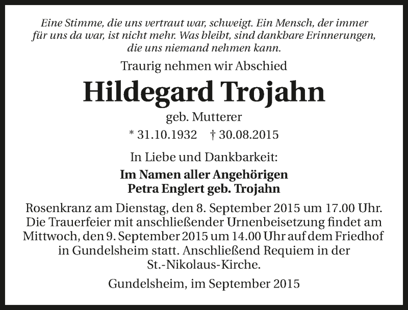 Traueranzeige für Hildegard Trojahn vom 07.09.2015 aus 