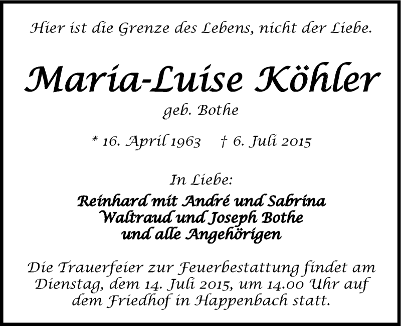  Traueranzeige für Maria-Luise Köhler vom 10.07.2015 aus 