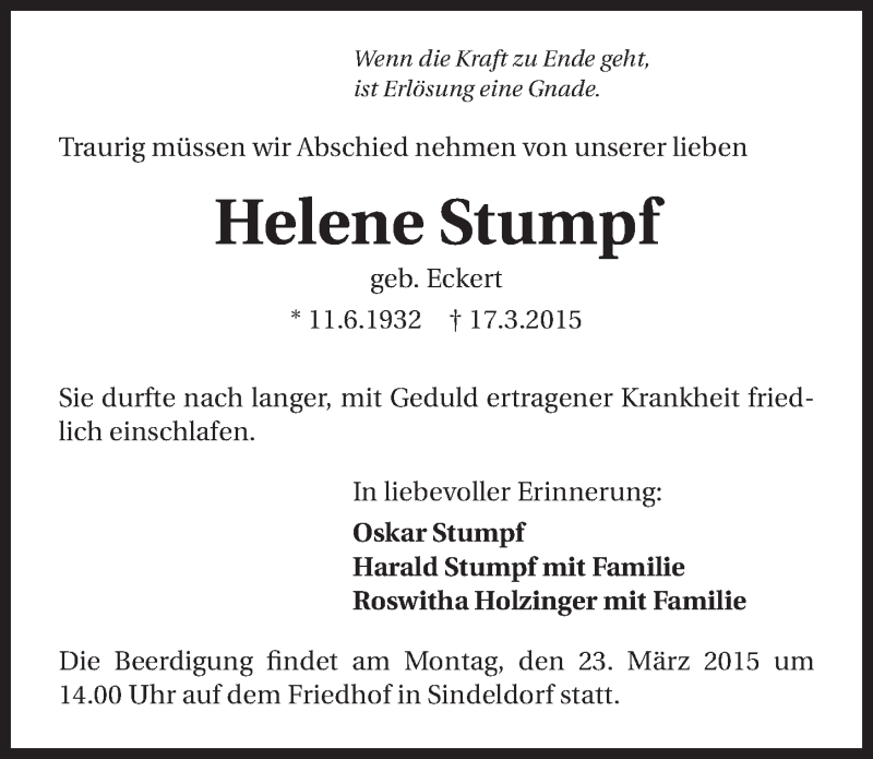  Traueranzeige für Helene Stumpf vom 20.03.2015 aus 