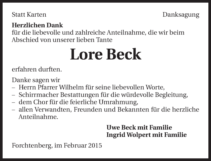  Traueranzeige für Lore Beck vom 14.02.2015 aus 