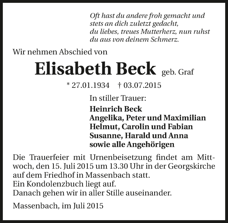  Traueranzeige für Elisabeth Beck vom 11.07.2015 aus 