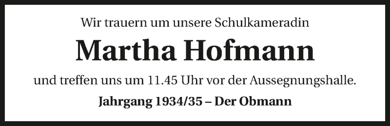  Traueranzeige für Martha Hofmann vom 14.04.2016 aus 