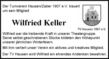 Traueranzeige von Wilfried Keller 