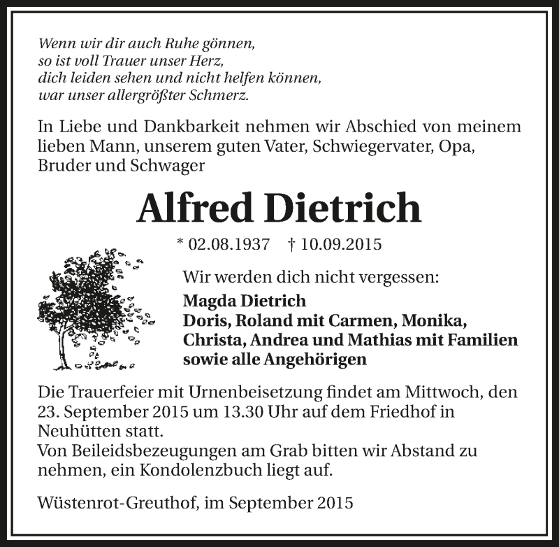  Traueranzeige für Alfred Dietrich vom 19.09.2015 aus 