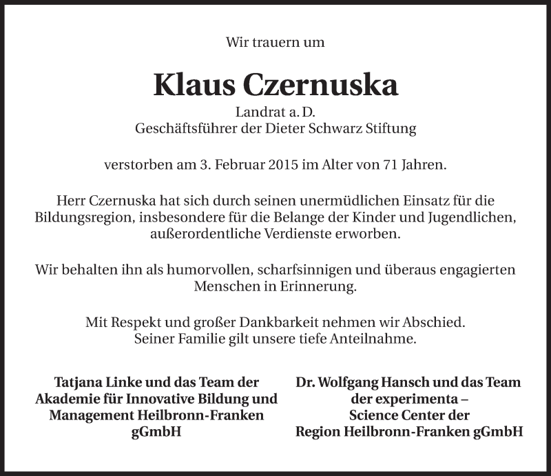  Traueranzeige für Klaus Czernuska vom 06.02.2015 aus 