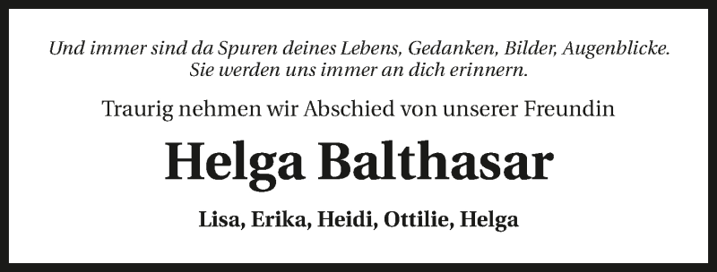  Traueranzeige für Helga Balthasar vom 27.02.2016 aus 