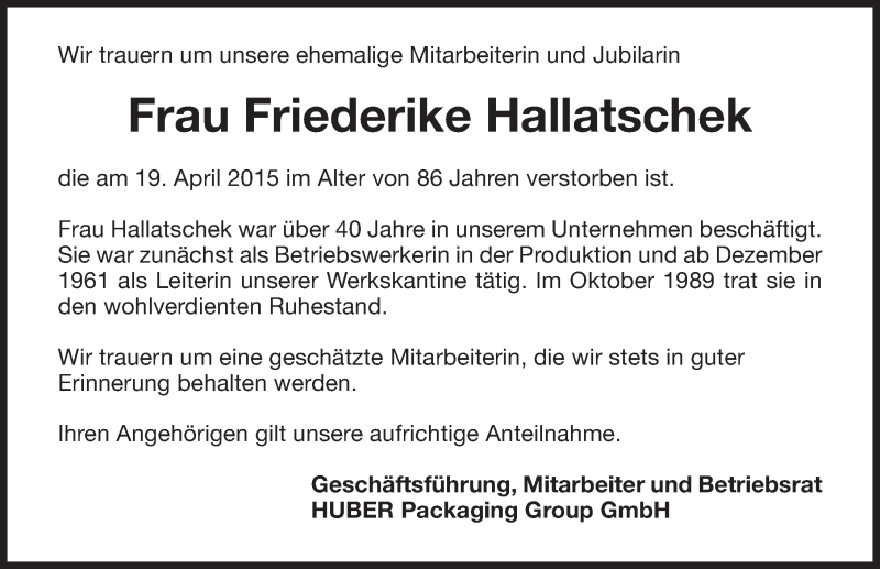  Traueranzeige für Friederike Hallatschek vom 24.04.2015 aus 
