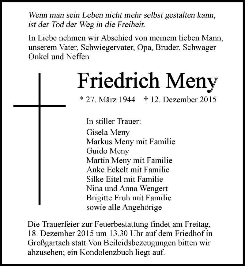  Traueranzeige für Friedrich Meny vom 16.12.2015 aus 