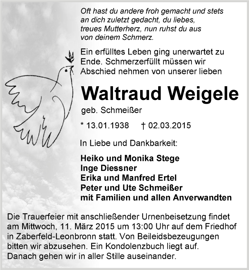  Traueranzeige für Waltraud Weigele vom 09.03.2015 aus 