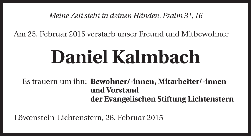 Traueranzeige für Daniel Kalmbach vom 27.02.2015 aus 