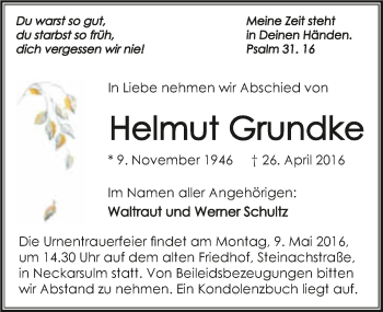 Traueranzeige von Helmut Grundke 