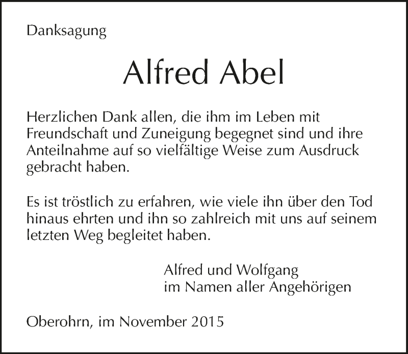  Traueranzeige für Alfred Abel vom 28.11.2015 aus 