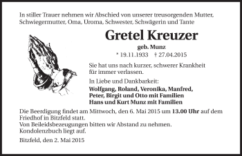Traueranzeige von Gretel Kreuzer 