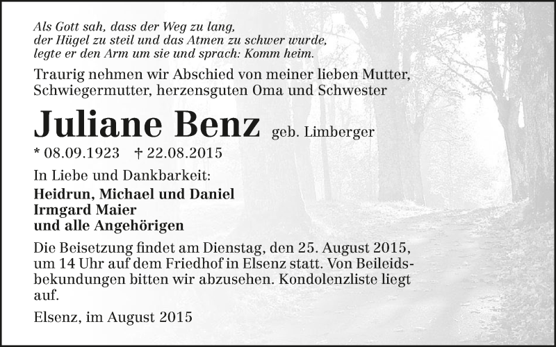  Traueranzeige für Juliane Benz vom 24.08.2015 aus 