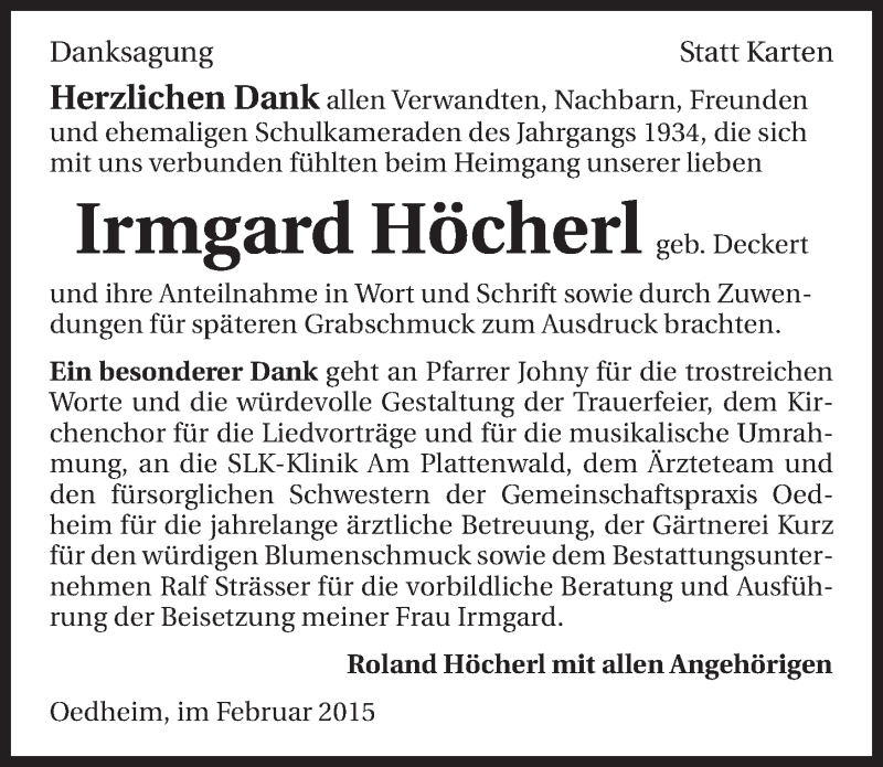  Traueranzeige für Irmgard Höcherl vom 28.02.2015 aus 