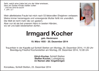 Traueranzeige von Irmgard Kocher 