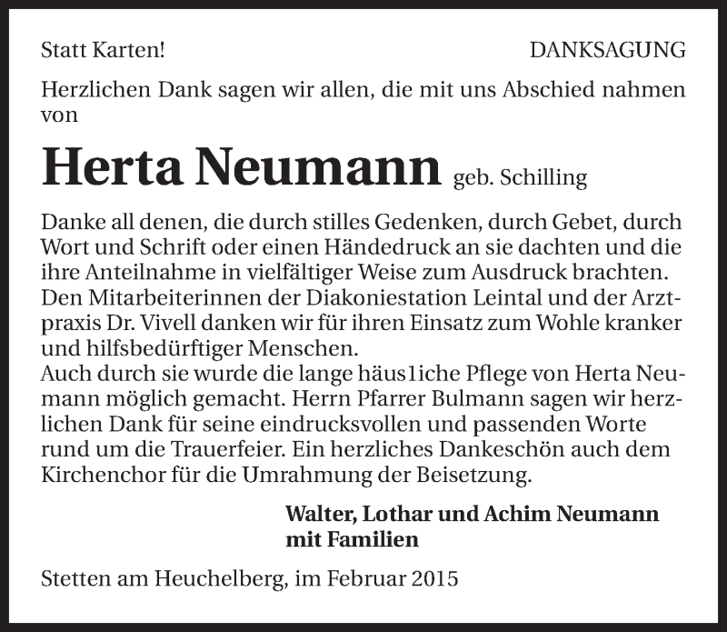  Traueranzeige für Herta Neumann vom 13.02.2015 aus 