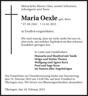 Traueranzeige von Maria Oexle 
