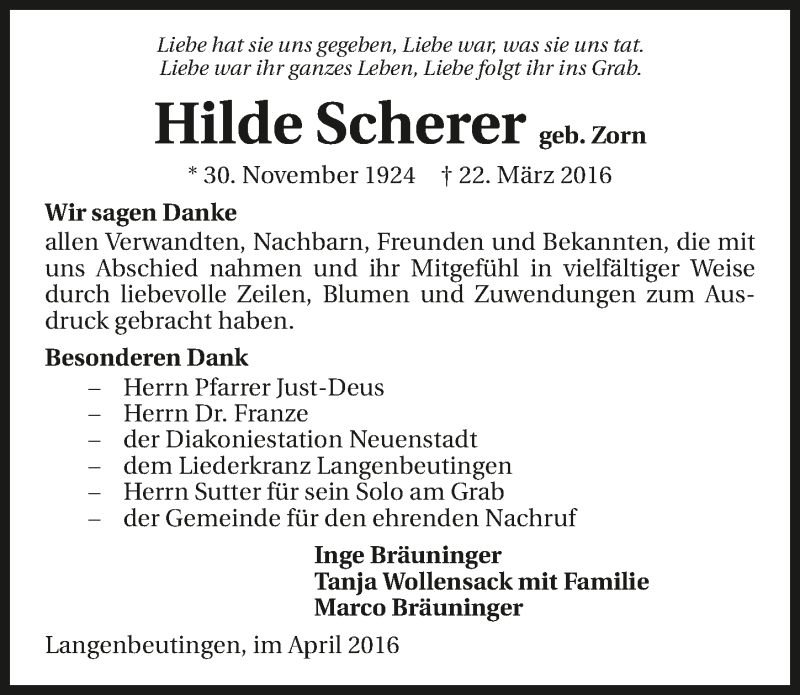  Traueranzeige für Hilde Scherer vom 15.04.2016 aus 