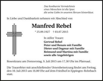 Traueranzeige von Manfred Rebel 