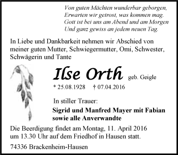 Traueranzeige von Ilse Orth 