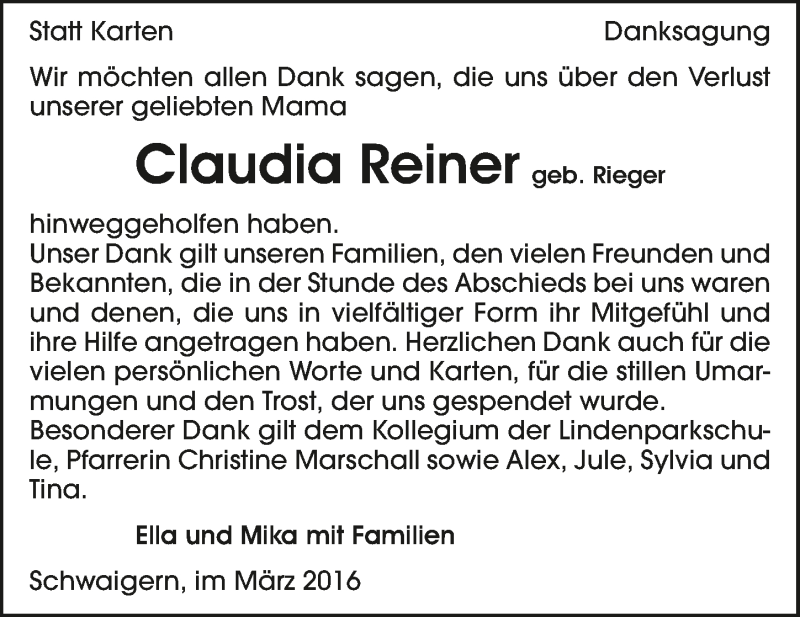  Traueranzeige für Claudia Reiner vom 31.03.2016 aus 