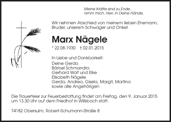 Traueranzeige von Marx Nägele 