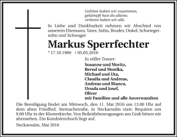 Traueranzeige von Markus Sperrfechter 
