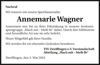 Traueranzeige von Annemarie Wagner 