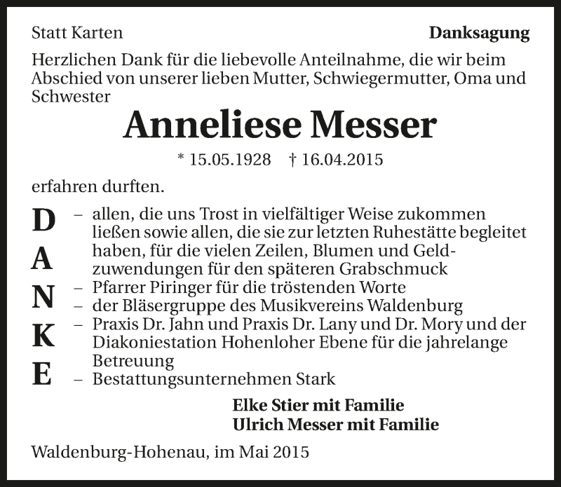  Traueranzeige für Anneliese Messer vom 27.05.2015 aus 