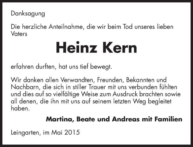  Traueranzeige für Heinz Kern vom 02.05.2015 aus 