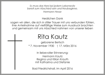Traueranzeige von Rita Kautz 