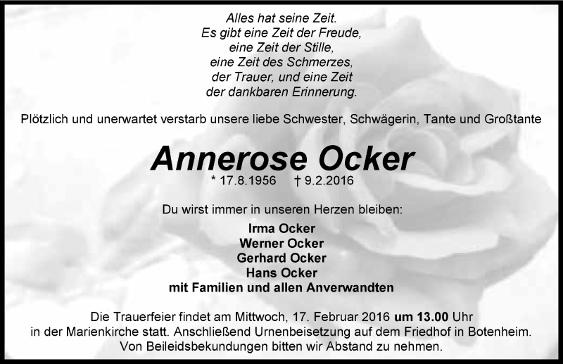  Traueranzeige für Annerose Ocker vom 13.02.2016 aus 