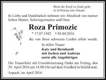 Traueranzeige von Roza Primozic 
