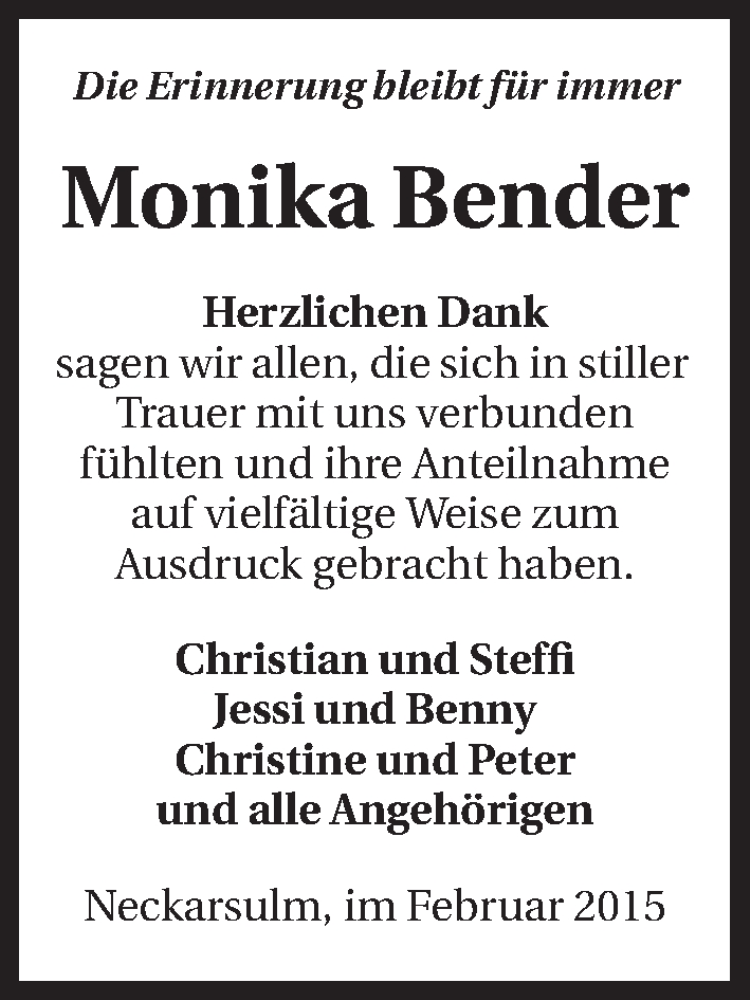  Traueranzeige für Monika Bender vom 07.02.2015 aus 