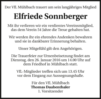 Traueranzeige von Elfriede Sonnberger 