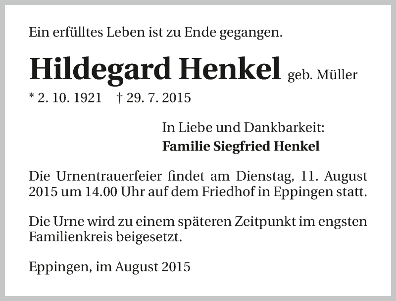  Traueranzeige für Hildegard Henkel vom 06.08.2015 aus 