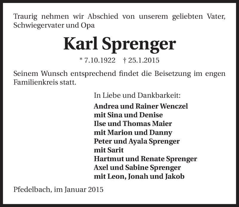  Traueranzeige für Karl Sprenger vom 28.01.2015 aus 