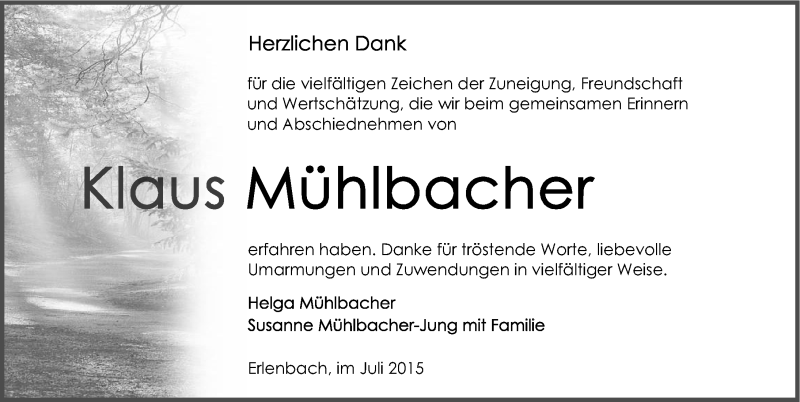  Traueranzeige für Klaus Mühlbacher vom 24.07.2015 aus 