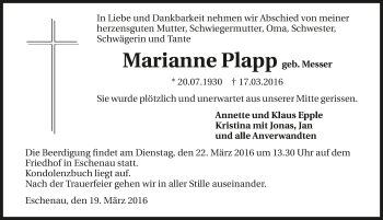 Traueranzeige von Marianne Plapp 