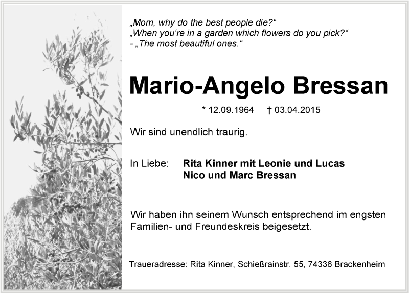  Traueranzeige für Mario-Angelo Bressan vom 09.04.2015 aus 