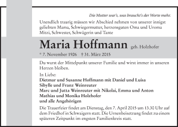 Traueranzeige von Maria Hoffmann 