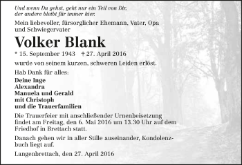 Traueranzeige von Volker Blank 