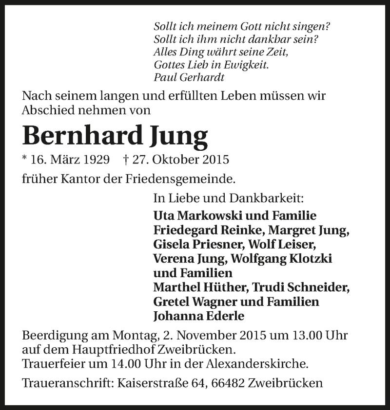  Traueranzeige für Bernhard Jung vom 30.10.2015 aus 