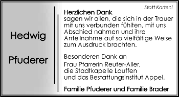 Traueranzeige von Hedwig Pfuderer 