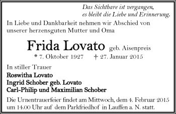 Traueranzeige von Frida Lovato 