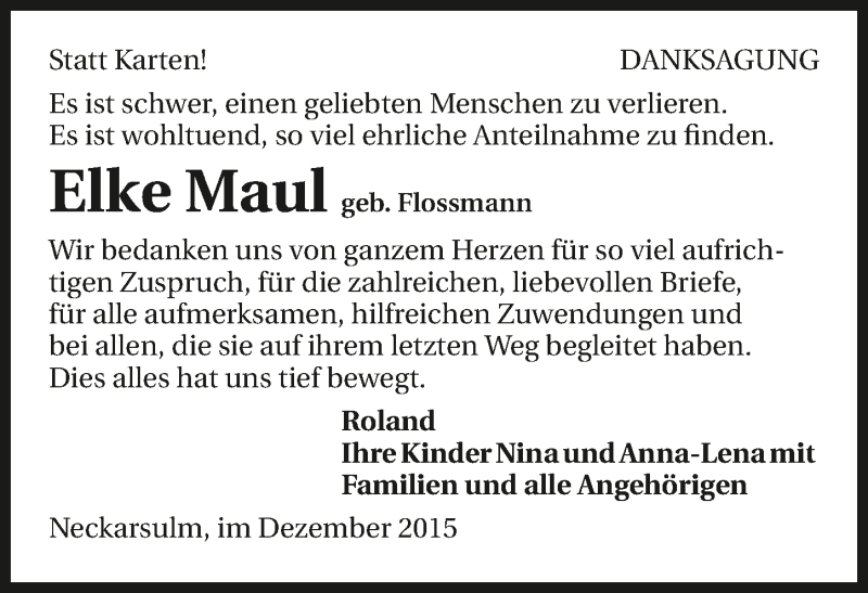  Traueranzeige für Elke Maul vom 12.12.2015 aus 