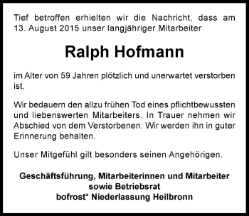 Traueranzeige von Ralph Hofmann 